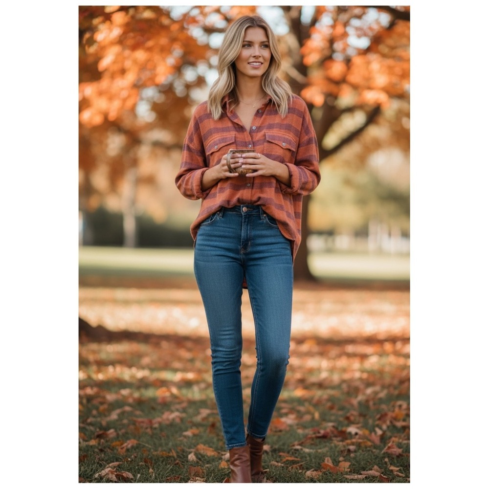 Free People Fawn Over You Plaid Button Down Top Women's XS Orange Boho Chic